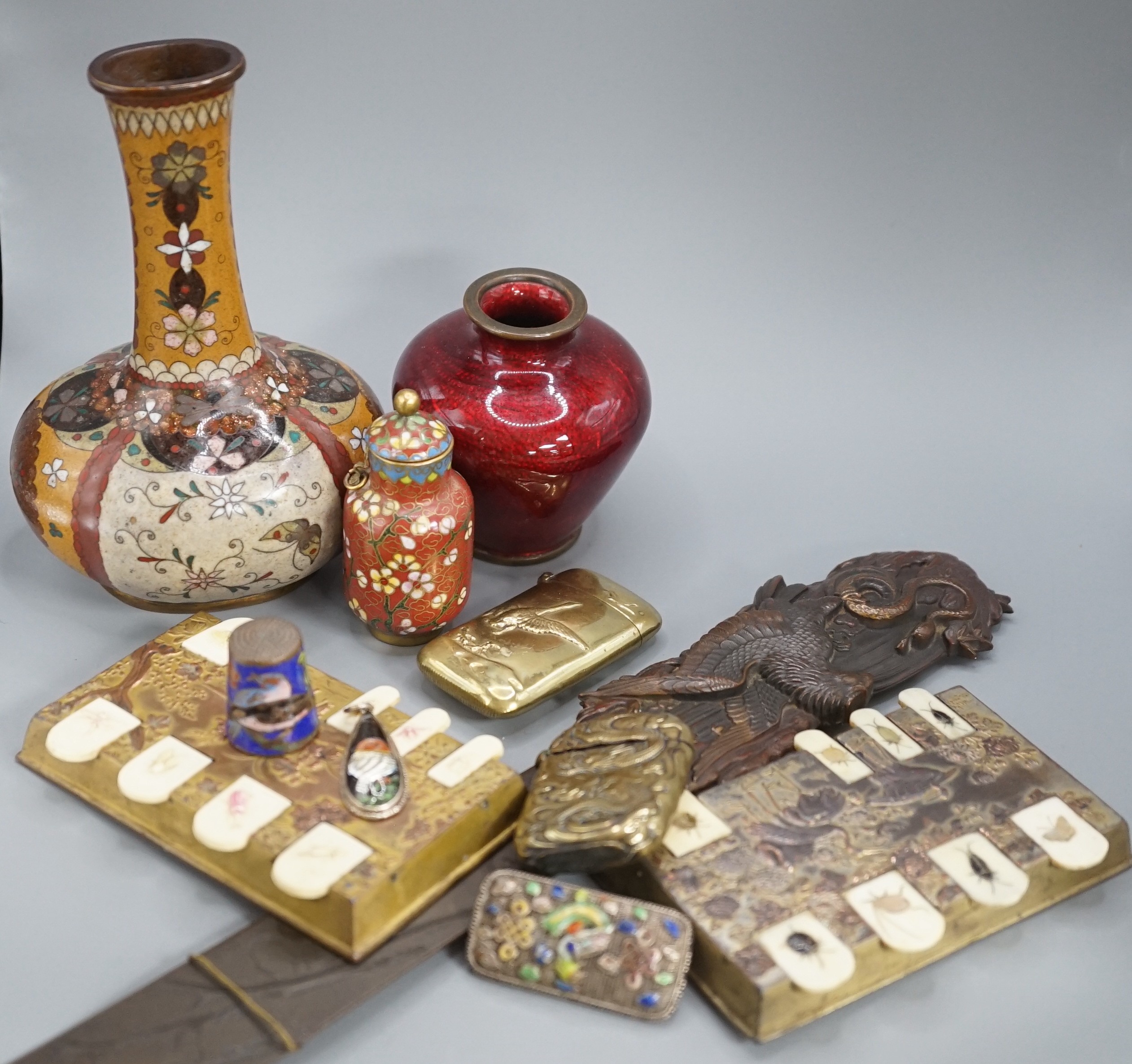 A group of Chinese and Japanese miniature cloisonne enamel vases, 6cm - 12.5cm, a Japanese mixed metal paper knife or page turner and a pair of Japanese antimony and celluloid bezique markers